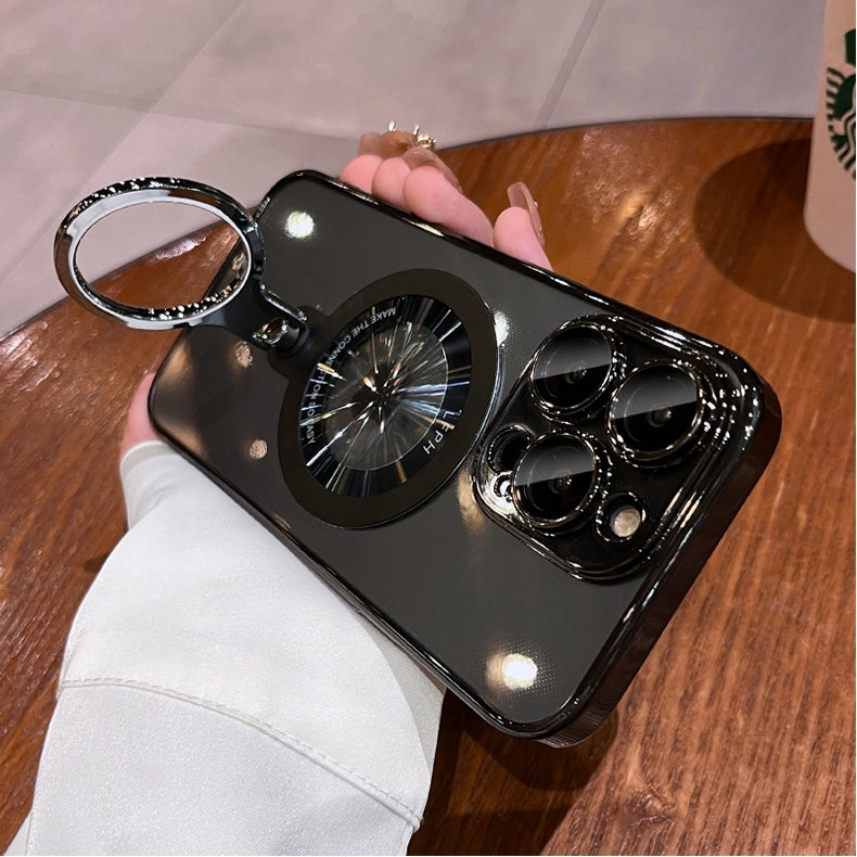 Luxury Ring Holder - Transparent Hard Acrylic Cover, Built-in Bracket, Magnetic Wireless Charging Compatible  Case for iPhone