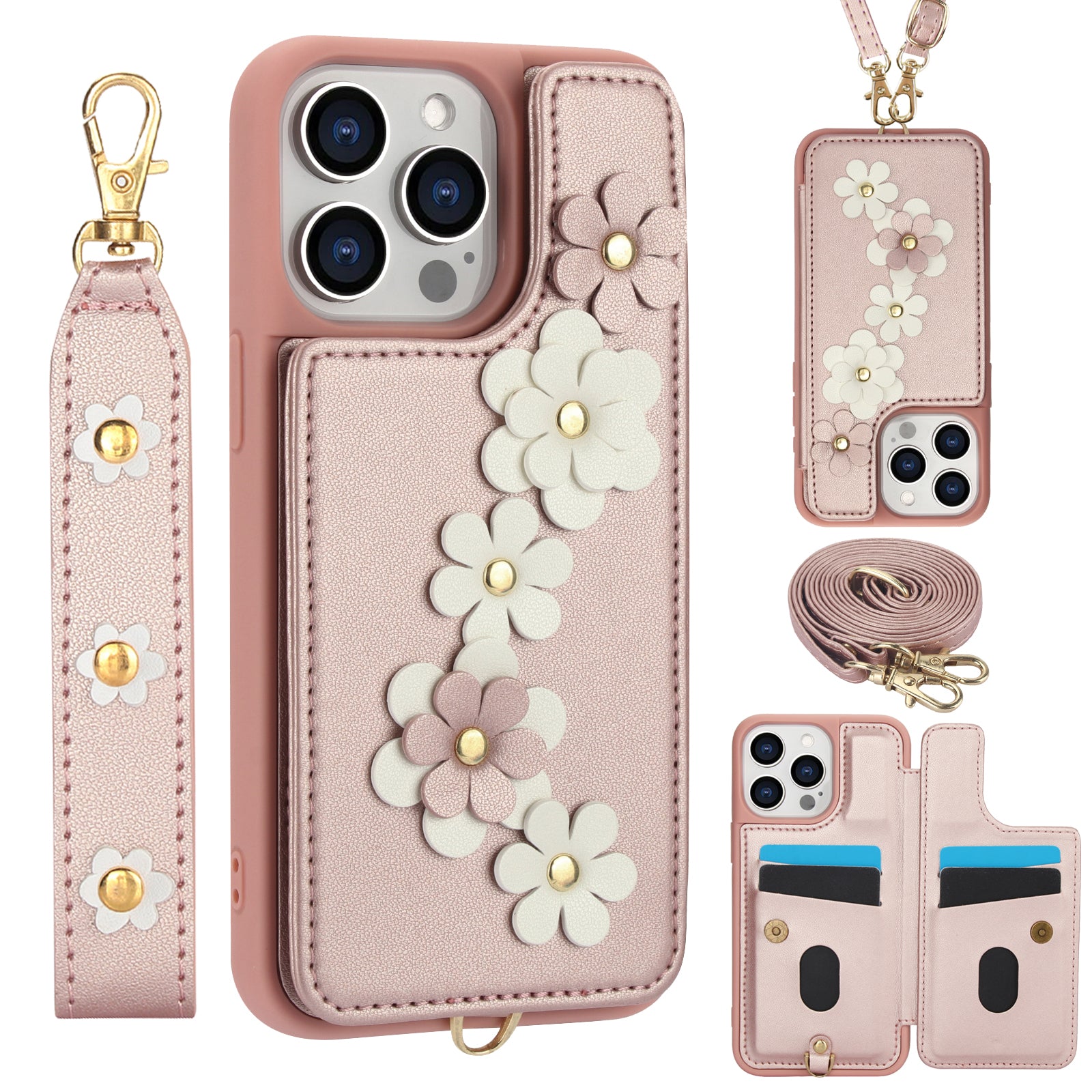 Luxury Crossbody Wallet Leather iPhone Case – 3D Flower Design, Card Slot, Wrist Strap, Magnetic Closure, Protective Cover