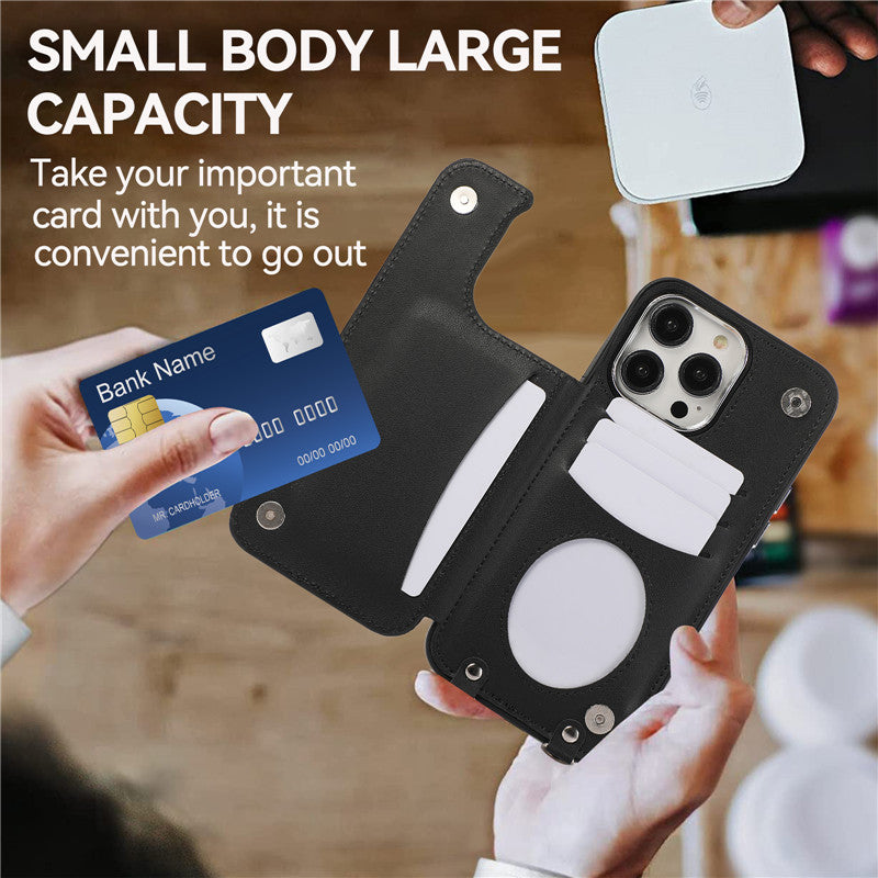 Luxury Crossbody RFID Leather Wallet iPhone Case – Card Slot, Ring Holder, Double Buckle, Lanyard Bag Cover, Magnetic Closure