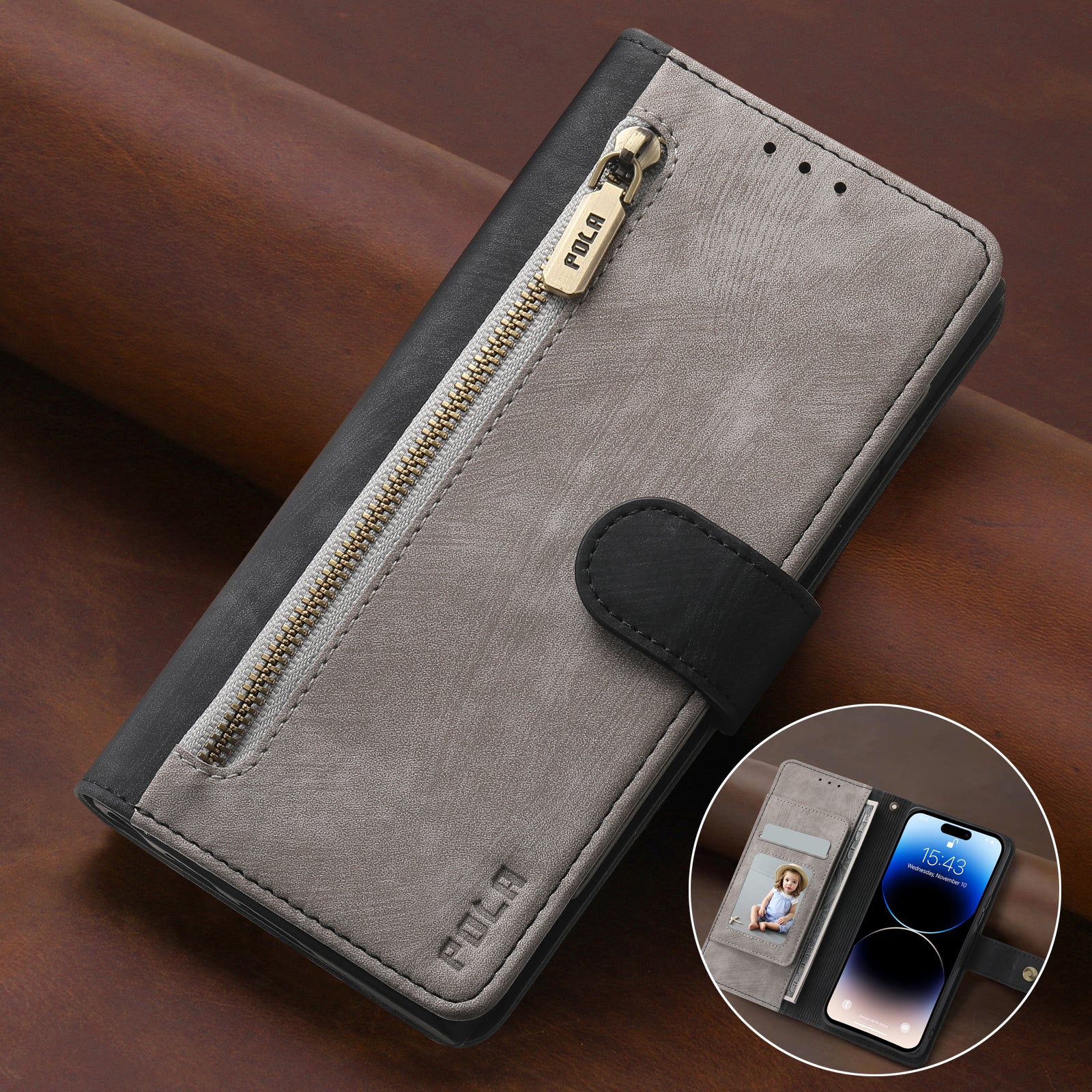 RFID Blocking Leather Wallet iPhone Case – Zipper Flip Cover, Card Slot Holder, Magnetic Stand, Shockproof Protection, Premium Design for iPhone