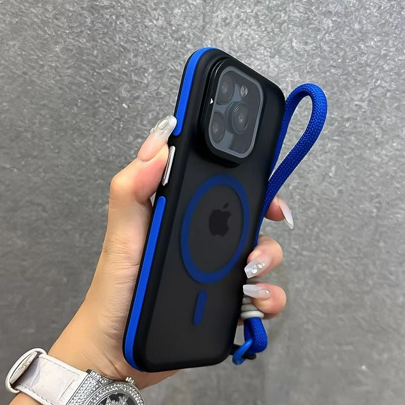 Luxury Apple iPhone Case  Ultra Thin Shockproof Magnetic Full All Around Protection Cover with Matte Stand & Wrist Strap