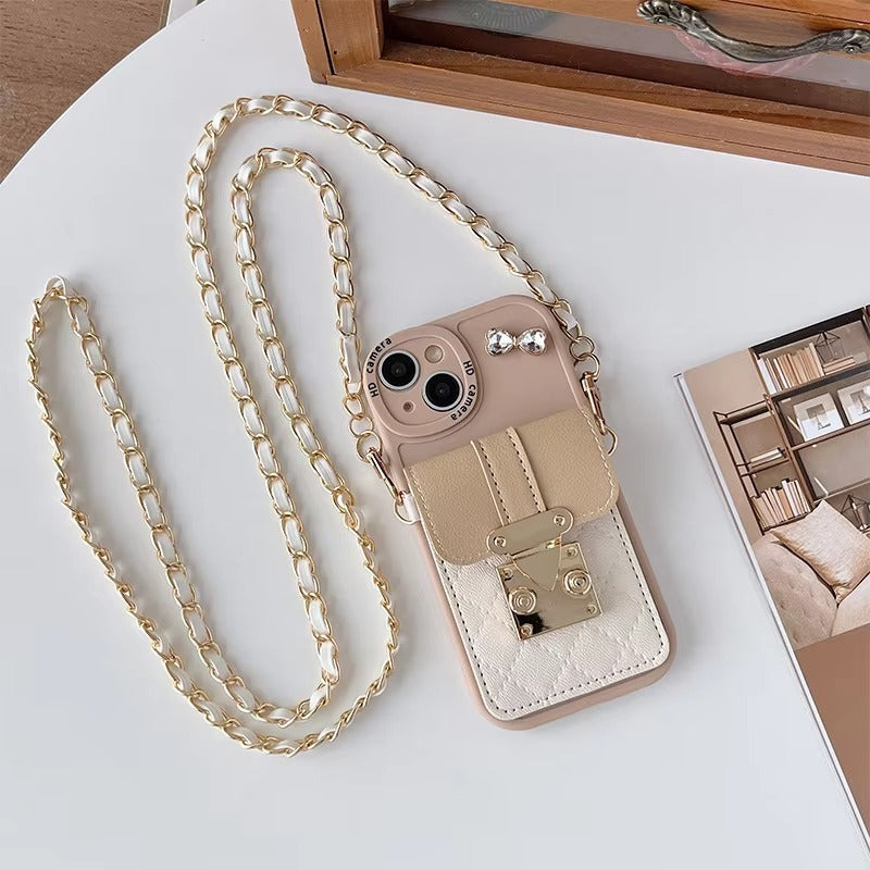 Premium Apple iPhone Case, MagSafe Compatible, Camera Lens & Screen Protection, Ultra Thin, Shockproof, Magnetic Full All Around Cover – Crystal Bow Crossbody Purse Case with Metal Button & Card Holder