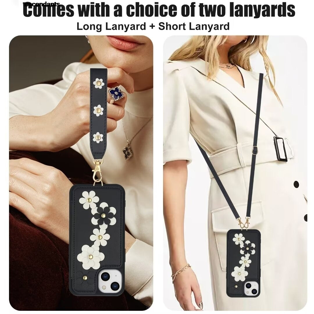 Luxury Crossbody Wallet Leather iPhone Case – 3D Flower Design, Card Slot, Wrist Strap, Magnetic Closure, Protective Cover