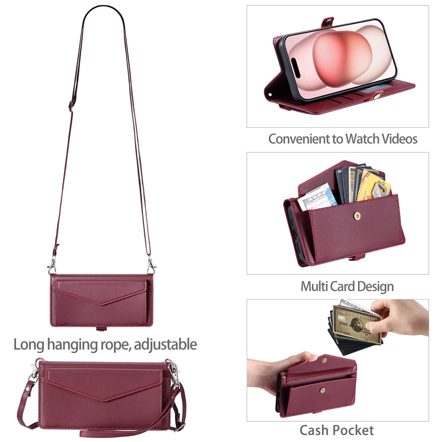 Luxury Dual-Layer Wallet iPhone Case – Flip Leather Cover with Card Slots, Photo Frame, 2 Lanyards, Shockproof Protection, and Stand Feature for iPhone