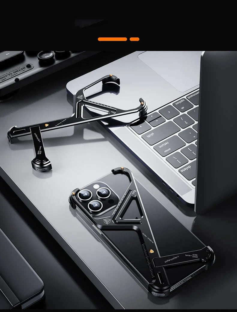 Luxury Geometric Metal iPhone Case – Aluminum Alloy Shockproof Cover with  Stand for iPhone Models Stylish and Durable Design