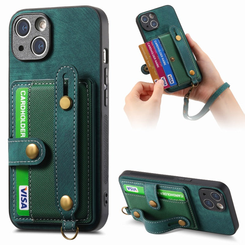 Luxury PU Leather Wallet iPhone Case with Wrist Strap – Stand Function, Card Holder, Protection for Secure and Convenience