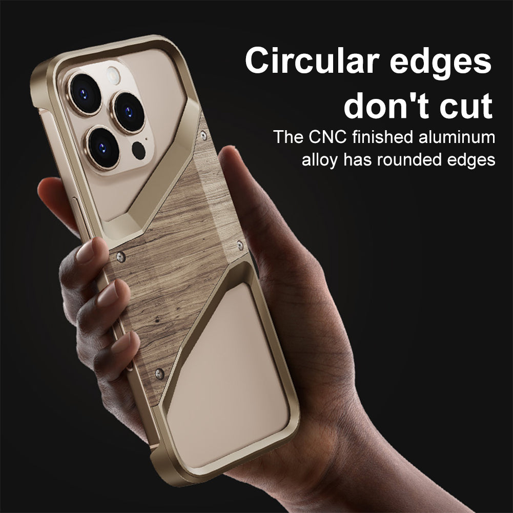 Irregular Metal Frame iPhone Case – Aluminum Alloy and Solid Wood Shockproof Frameless Cover for iPhone Models Design