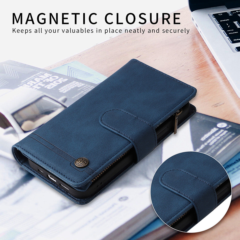 Premium Retro Flip Leather iPhone Case – Zipper Wallet, Multi-Card Slots, Necklace Lanyard, Magnetic Closure, Shockproof Protection for iPhone