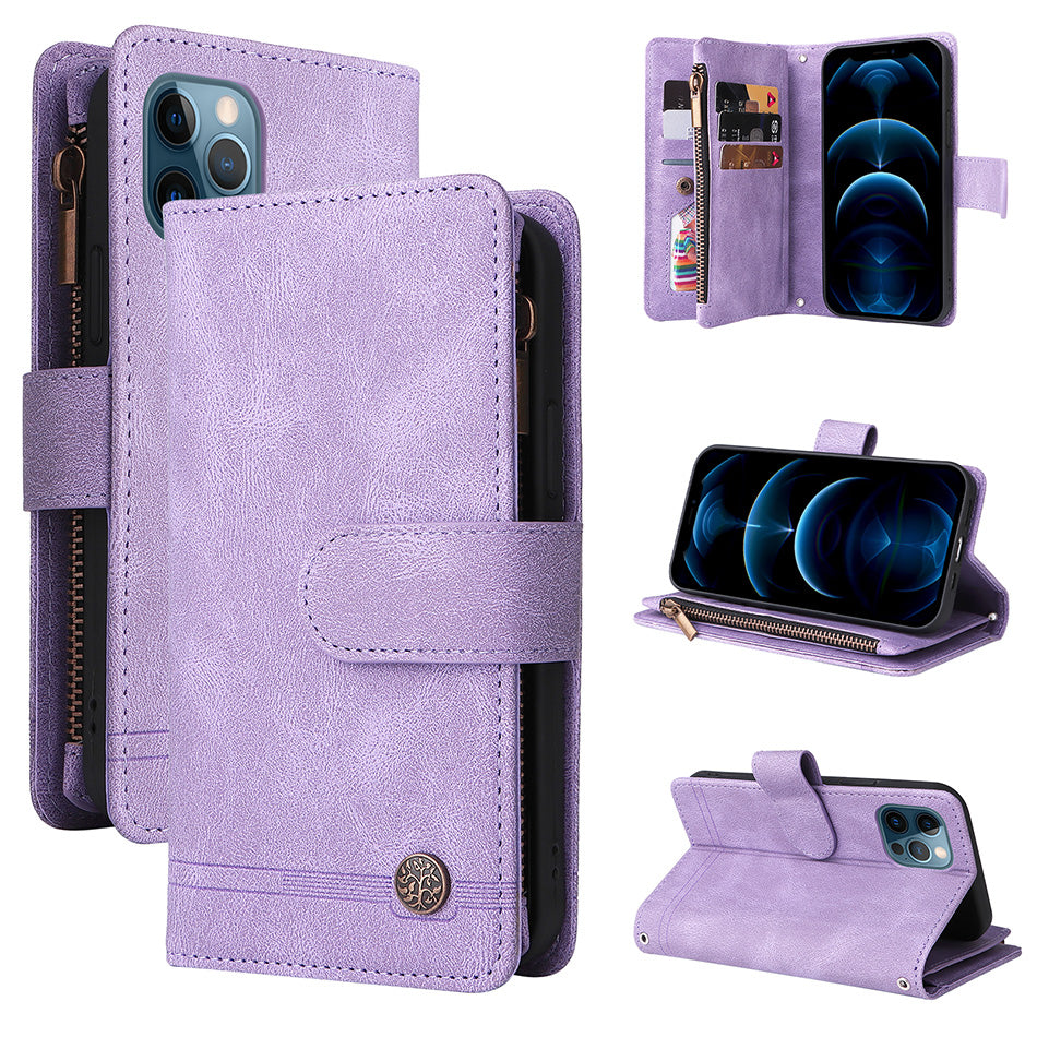 Premium Retro Flip Leather iPhone Case – Zipper Wallet, Multi-Card Slots, Necklace Lanyard, Magnetic Closure, Shockproof Protection for iPhone