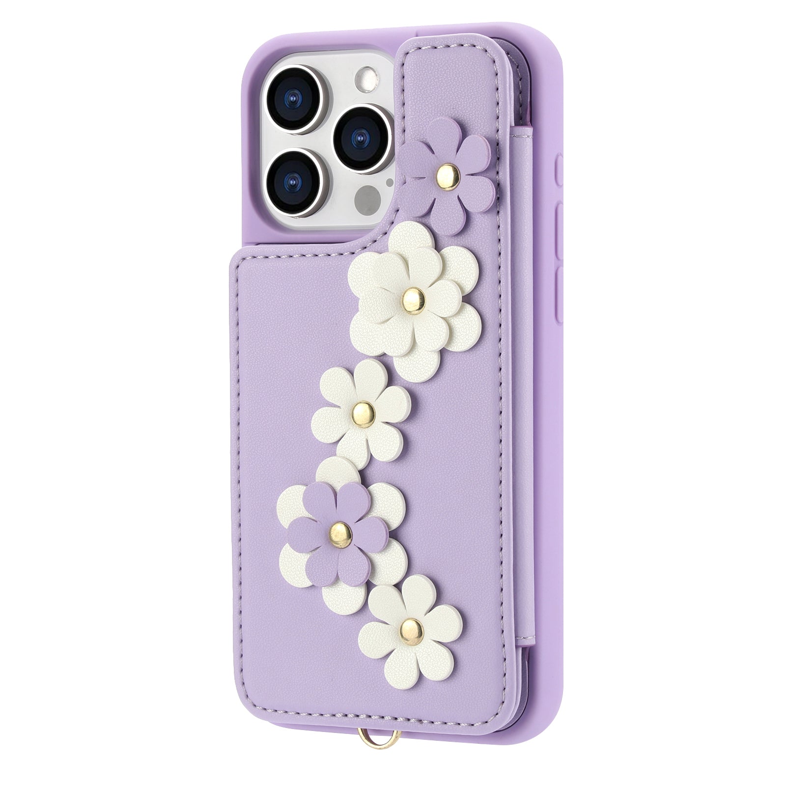 Luxury Crossbody Wallet Leather iPhone Case – 3D Flower Design, Card Slot, Wrist Strap, Magnetic Closure, Protective Cover