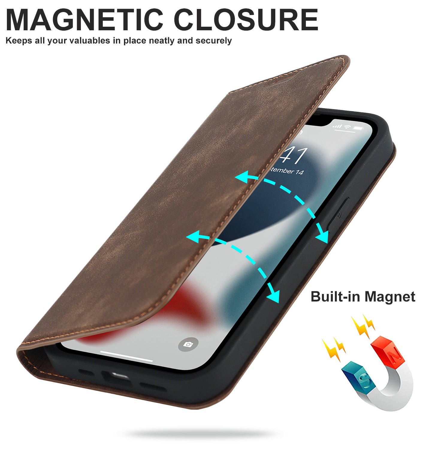 Luxury Magnetic Leather Wallet iPhone Case – MagSafe Wireless Charging, Card Slot, Stand Feature, Premium Protection, Stylish & Durable Cover